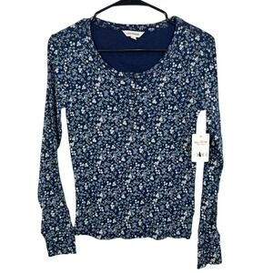 Lucky Brand Womens Floral Print Long Sleeve Henley Schoopneck Top Navy Blue NWT